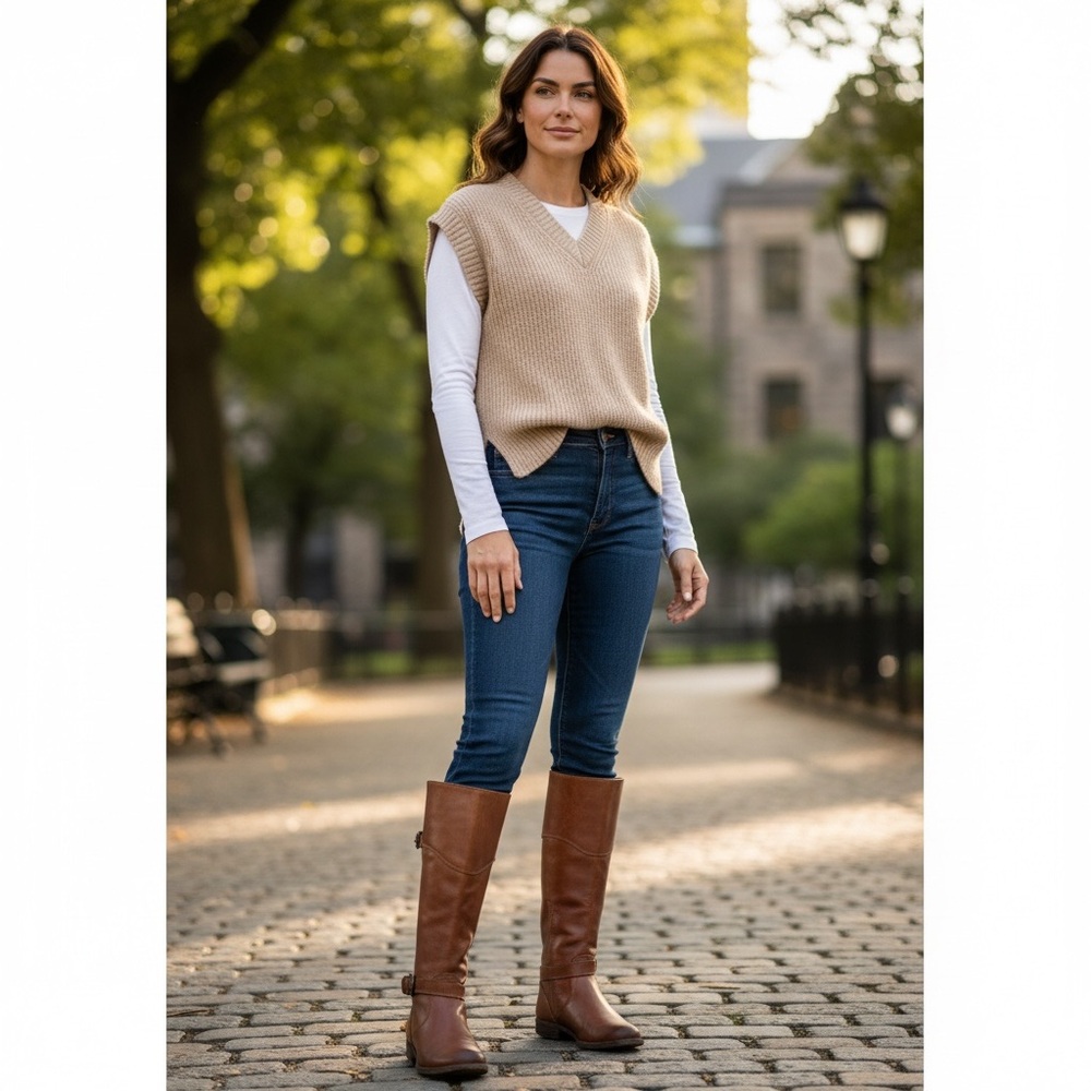 Frye Phillip Riding Knee High Cognac Real Leather Tall Buckle Vintage Low Boots - Picture 2 of 14